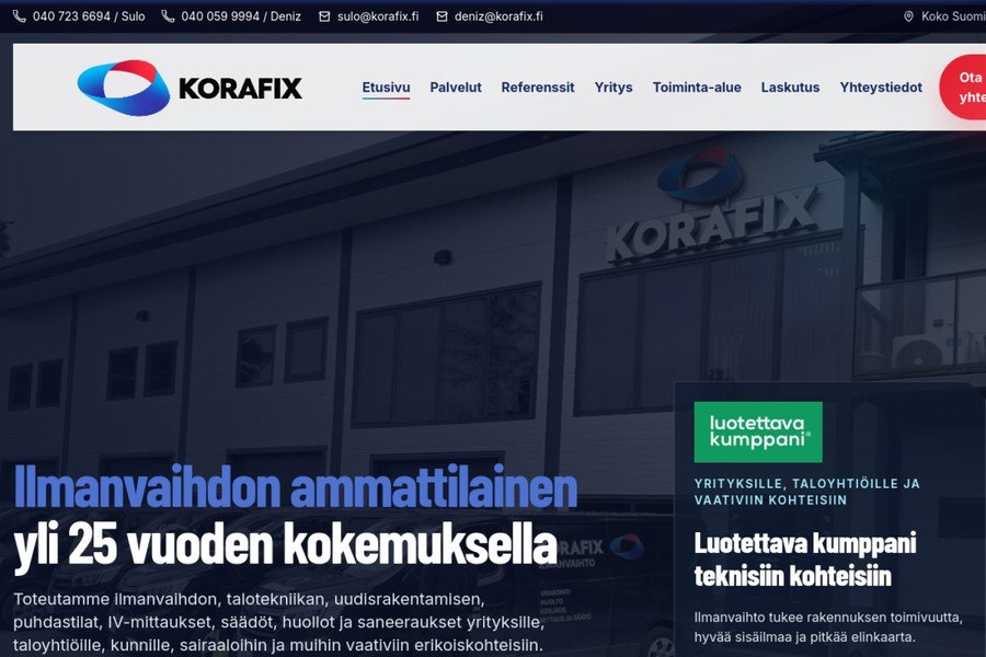 Korafix Oy - nettisivun hero-osio