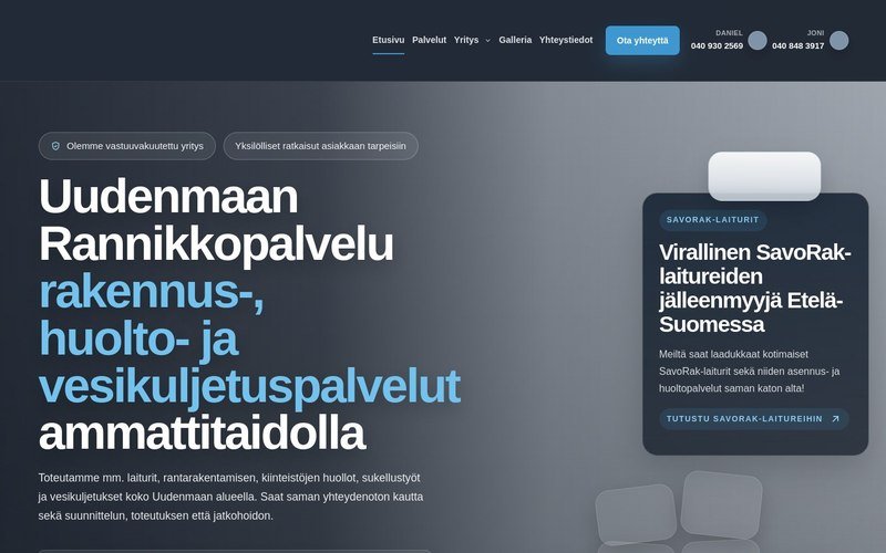 Uudenmaan Rannikkopalvelun nettisivu - työpöytänäkymä