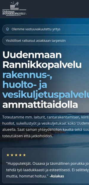 Uudenmaan Rannikkopalvelun nettisivu - mobiilinäkymä