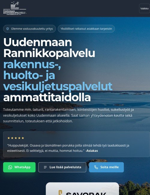 Uudenmaan Rannikkopalvelun nettisivu - tablettinäkymä